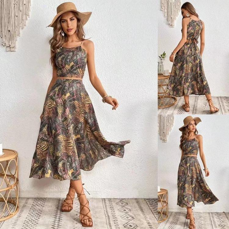 

Women Summer Casual Sleeveless Flower Print Dress Set with Suspender Straps High Waist Short Top and A-Line Ankle-Length Skirt Suit XL серый