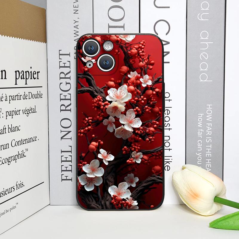 Retro Künstlerisches Rotes Blume Pflaumenblüte Muster Handyhülle für iPhone 17 16 12 11 14 Plus 13 15 Pro Max Mini X XS XR Weiche Hüllen