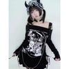 VAYLA Y2K Woman Clothing arcane stitch T-shirts Goth Punk Off Shoulder Long Sleeve Casual Vintage Sexy Streetwear Skulls tops