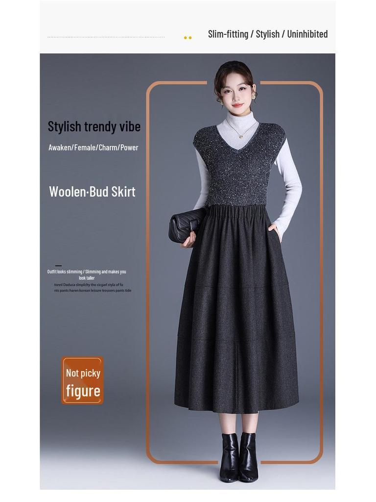 Women's Woolen A-line High Waist Midi Skirt: Thick, Fashionable Autumn/Winter Style