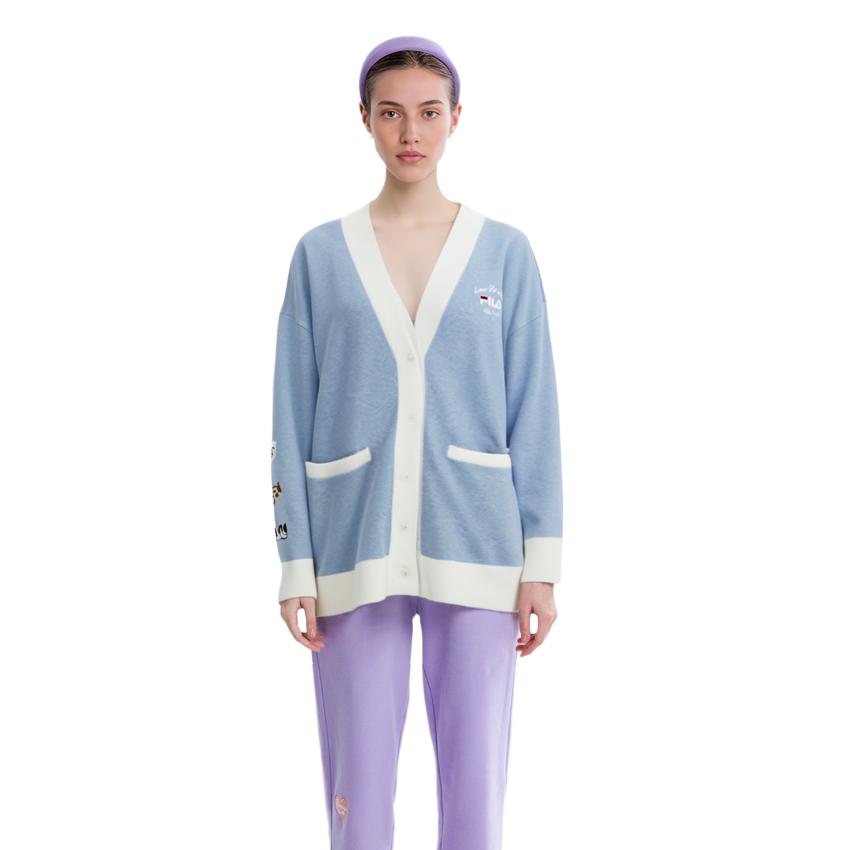 FILA X Pepe Shimada Embroidered Logo Color Block Sports Leisure Knit Sweater Women sweater Cloud-Blue Flower-Gray F11W133498F-LB