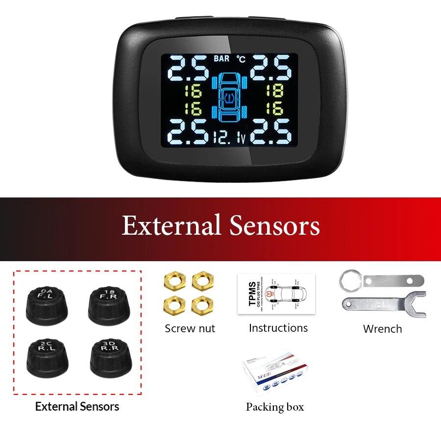 Bildekktrykkovervåkingssystem, med 4 sensorer Smart Device, Display, Temperaturalarm, Sigarettenner, USB, TPMS