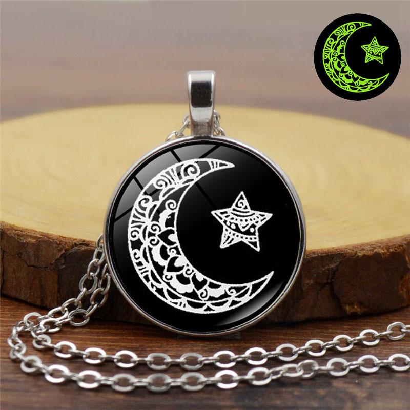 Vintage Luminous Sun Moon Lovers Time Gem Pendant Necklace Women's Jewelry Sweater Chain