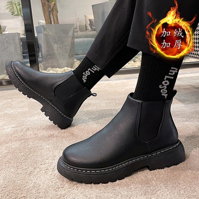 Martin Boots Men'S High-Top British Style Chelsea Boots Tooling Shoes Velvet Winter Shoes Leather Boots Men