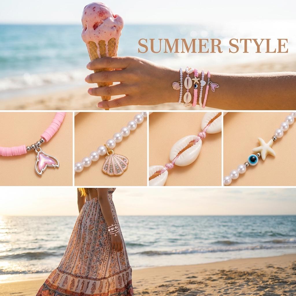 Sweet Pink Rice Bead Bow Bracelets Set for Women Bohemian Summer Shell Starfish Flower Bracelets Trendy Multi Layer Jewelry