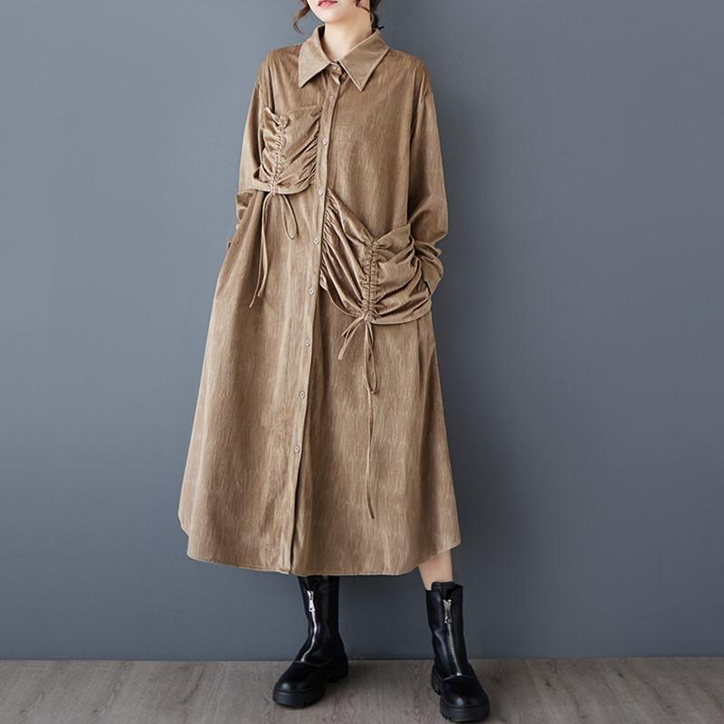 

Длинный рукав Плюс размер Вельвет винтажный новый в платьях для женщин повседневный свободный весна осень платье-рубашка хаки