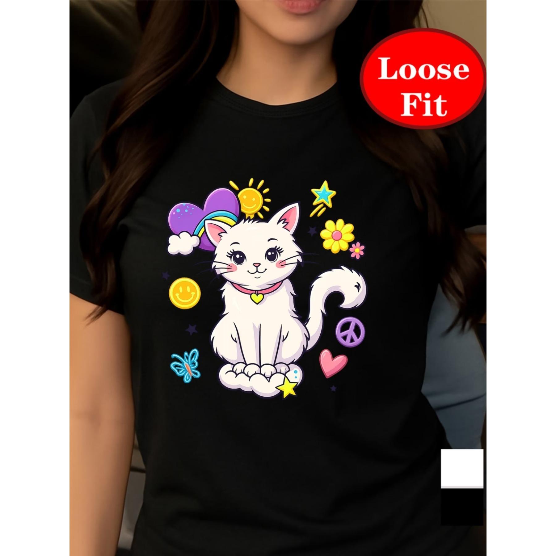

Cat-Themed, Cartoon Style Printed, Round Neck Short Sleeve T-Shirt, Casual Top for Spring and Summer, Plus Size Women S Clothing S чёрный