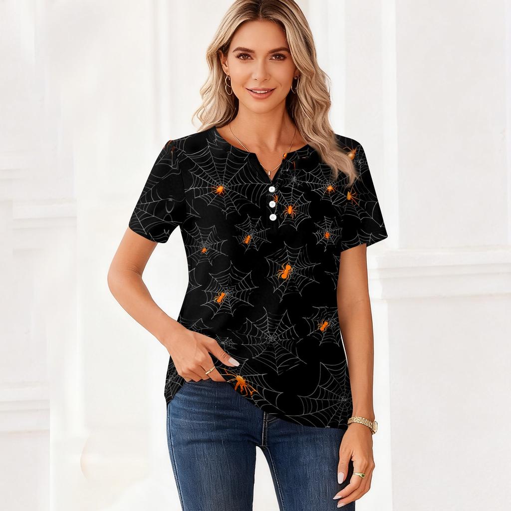 Women's Casual V Neck Short Sleeve Button T Shirt Halloween Spider Web Print Lightweight Top for Everyday Wear and Seasonal Occasions