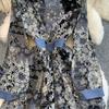 Spring Autumn Women Vintage Print V-neck Denim Patchwork Long Midi Casual Dresses