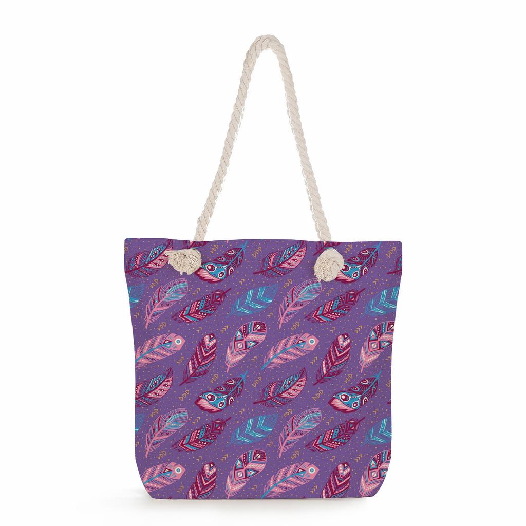 Feather print thick rope single-shoulder beach bag 7221