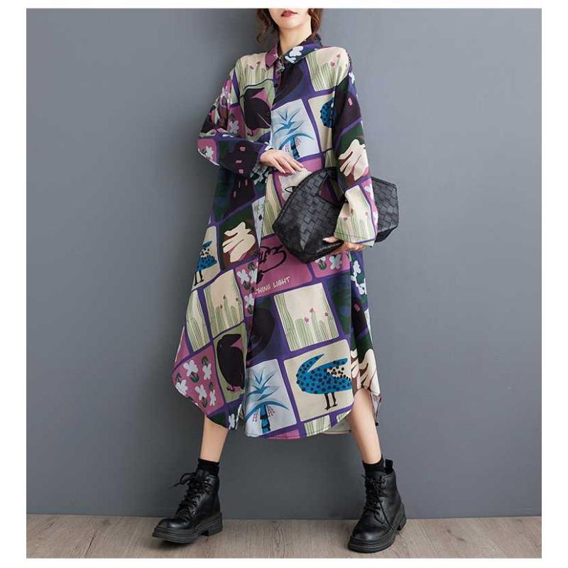New Loose Large Size Oceanic Printing Mid-length Literary Retro Dresses