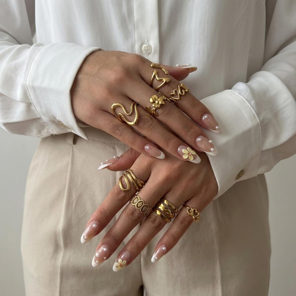 Stainless Steel Gold Color Love Heart Ring Set For Women Hollow Flower Geometric Finger Rings Party Vacation Waterproof Jewelry