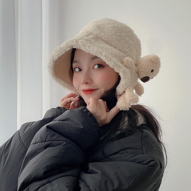 Cute Plush Bear Doll Fisherman Hat Women Autumn and Winter Korean Version Warm Lamb Fur Pot Hat Japanese Bucket Hat