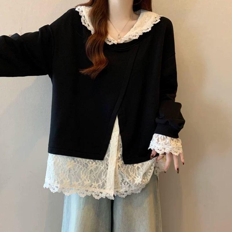 

Women s Fake Two-piece Hoodie Lace Patchwork Contrasting Color Long Sleeved Sweatshirt Spring New Trend Casual Versatile Ladies Top one size чёрный