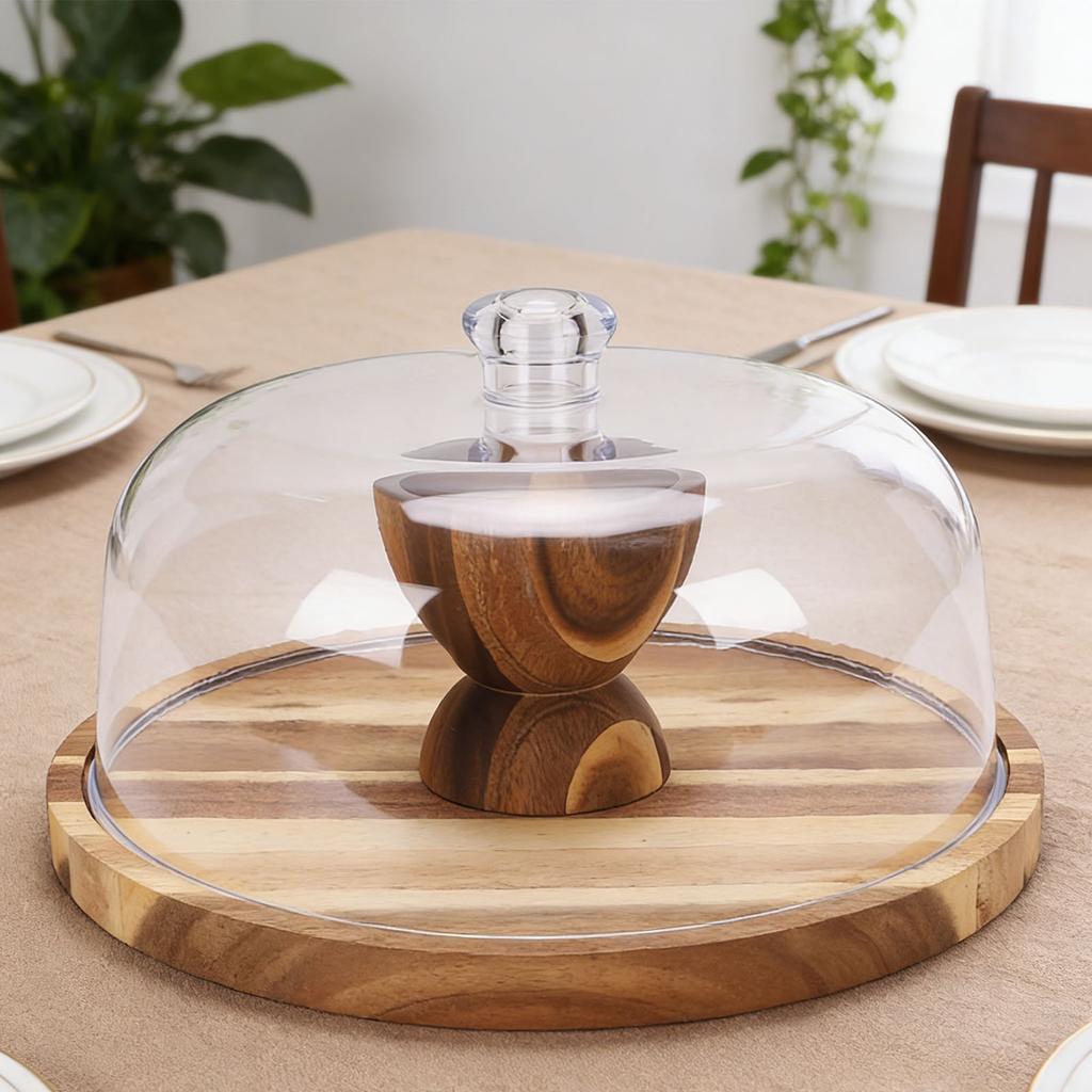 Wood Cake Stand Multi Function Round Cake Plate with Transparent Lid for Fruits Desserts Cheese