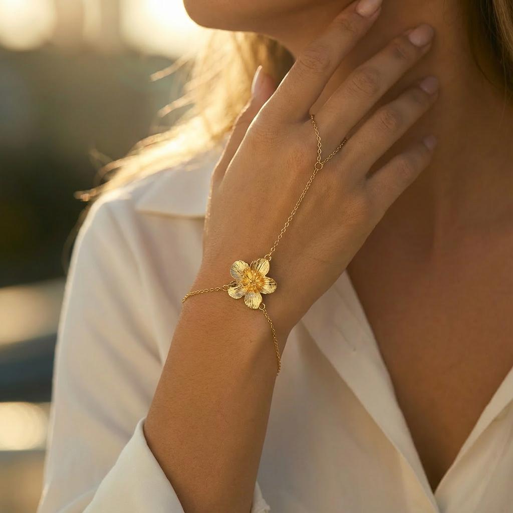 Elegant Metal Textured Flower Hand Chain for Women Minimalist Thin Chain Finger Ring Bracelet Aesthetic Y2K Summer Jewelry Gift