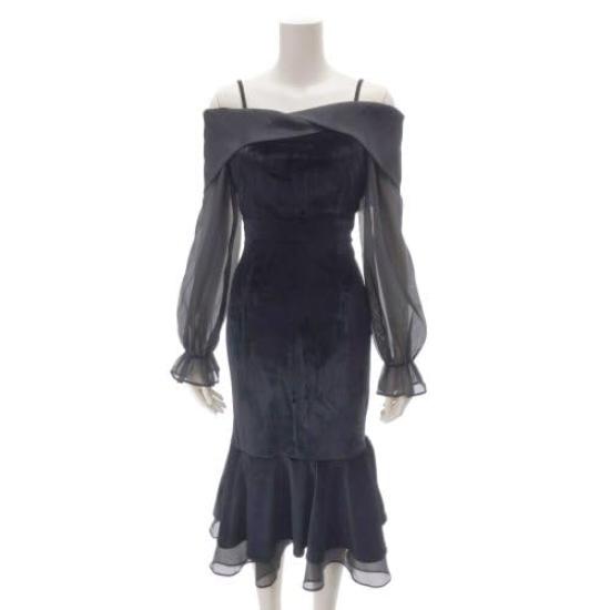 GRAXIA Cabaret Midi Chiffon Velour Size for Hostess and Lounges Dress, Mermaid-Line Off-the-Shoulder Dress, Knee-Length, Women's, Black, L, Hostesses,