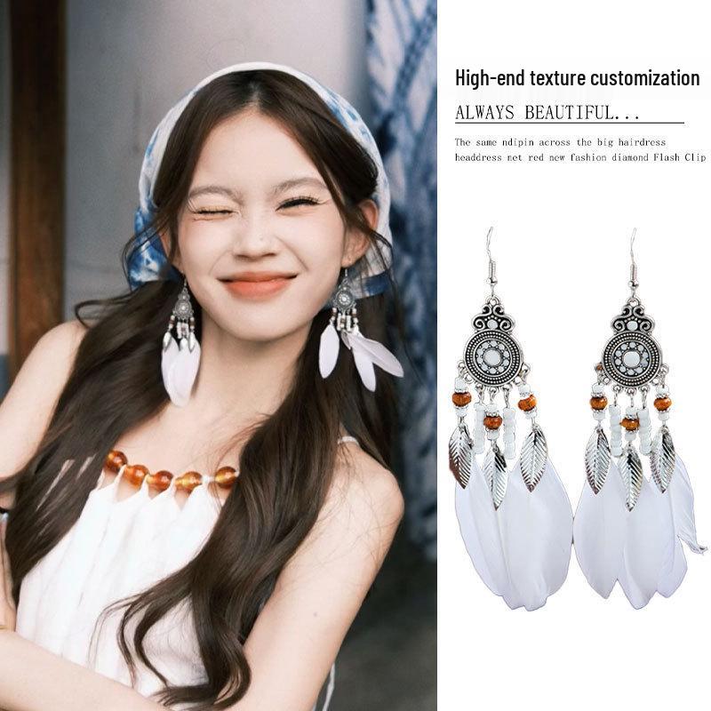 Bohemian Ethnic Long Tassel Feather Dangle Earrings for Women - Retro Prairie Vacation Style Accessories