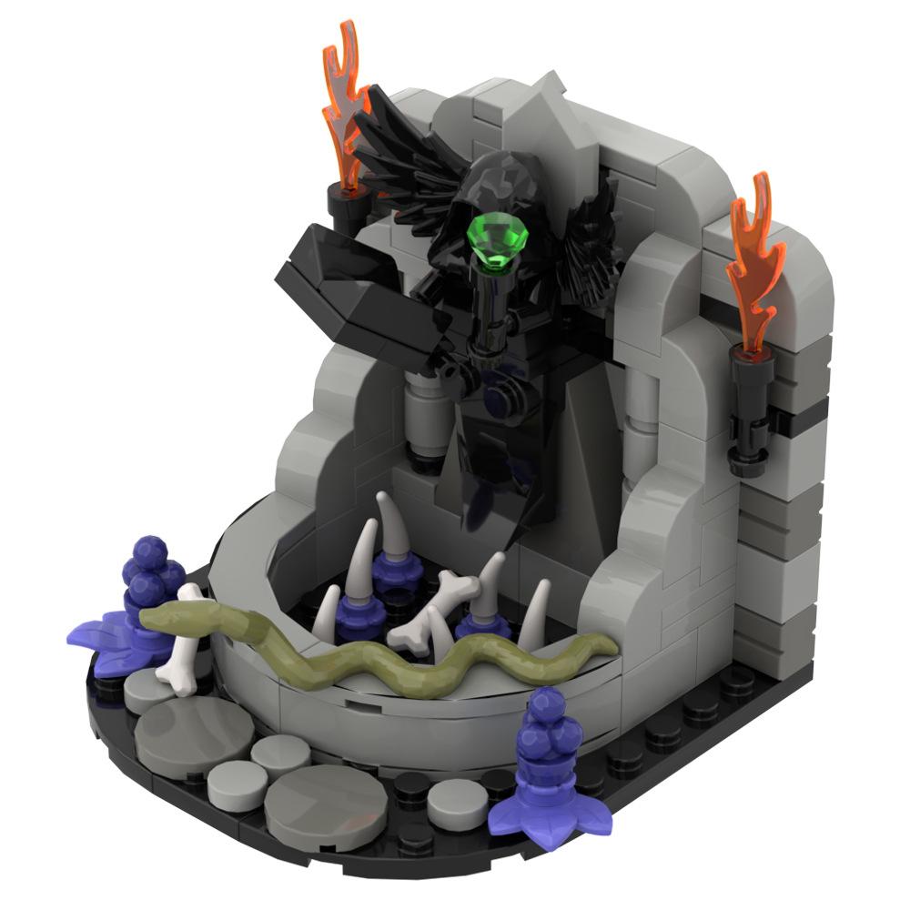MOC Steine Mittelalter Alchemie Raum Küche Zauberer Trank Bausteine Teufelsquelle Schloss Straßenlaterne Hexen Figuren Szene Schädel