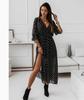 Polka Dot Midi Dress with Short Sleeves V Neck Wrap Style Waist Tie and Side Slit Casual Summer Dress for Women