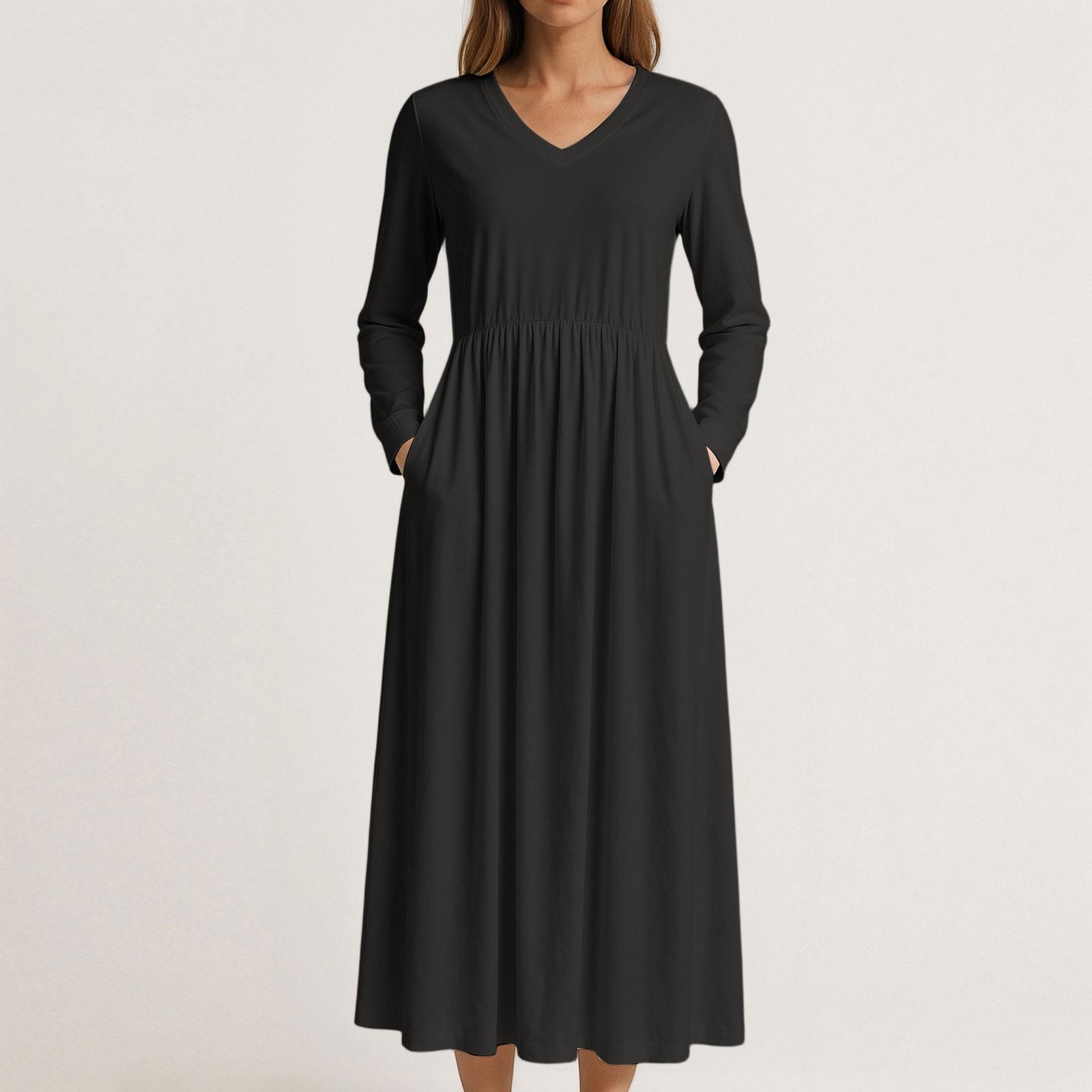 

Платье для женщин длинное бохо пляжное платье элегантное макси-платье V-образный вырез длинный рукав платье с карманами S