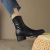 Korean version of comfortable square head leather boots medium heel back zipper solid color medium boots rear zipper autumn and winter square heel M