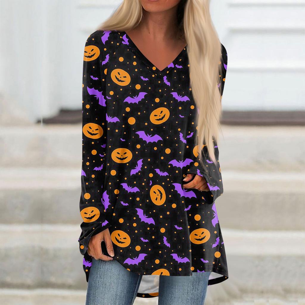 Women's Casual Long Sleeved V-neck Halloweenl Print Long Loose T-shirt Top