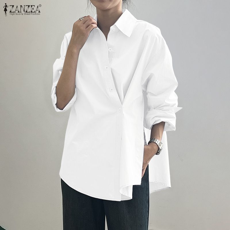 ZANZEA Women Casual Turn Down Collar Solid Color Loose Long Sleeve Blouse