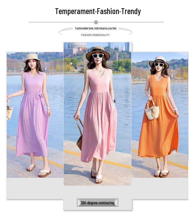New Women's Summer Sleeveless French Silk-Cotton Beach Dress