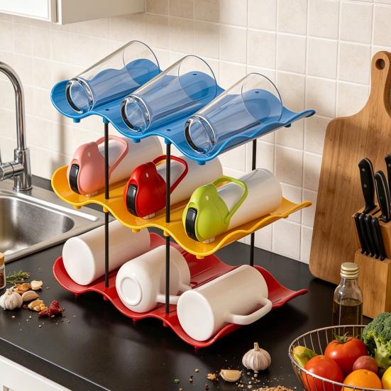 Wave Board Water Cup Holder, Vertical Storage Space Saving Design, Stable Assembled Wave Slot Easy Access Kitchen Organizer