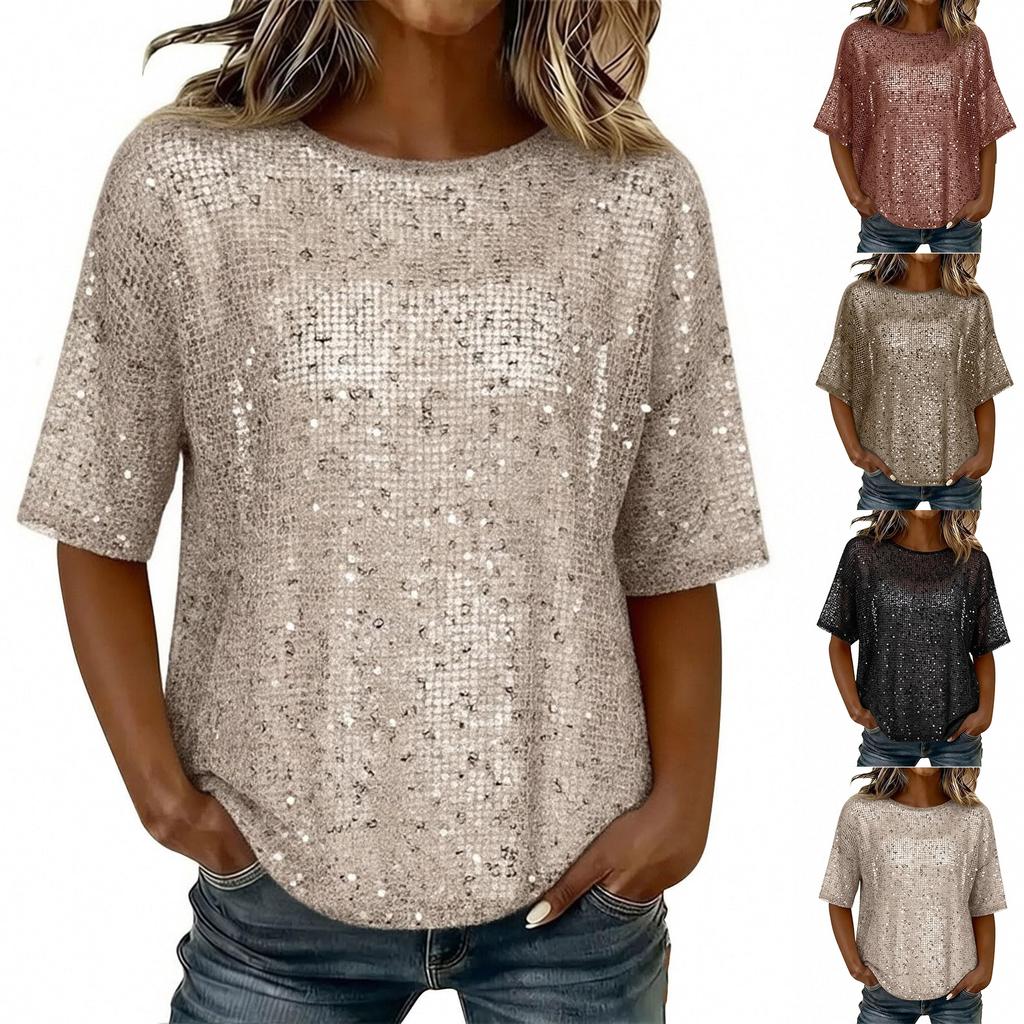 Damen Pailletten Tops Glitzer Blusen Rundhals Kurzarm Hemden