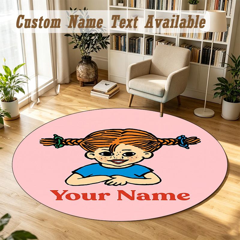 Pippi Longstocking Personalized Round Rug Support Custom Name, Soft Home Decor Mat