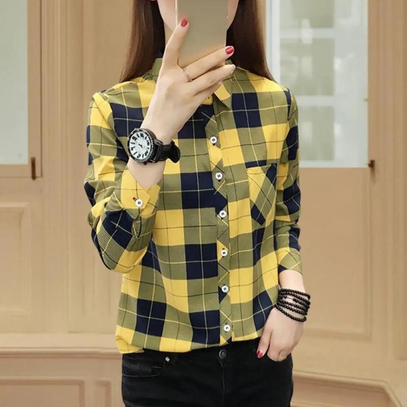 Women Shirt Long Sleeve All Match Single-breasted Casual Soft Dressing Up Polyester Plaid Print Women Shirt Top Female Clothing
