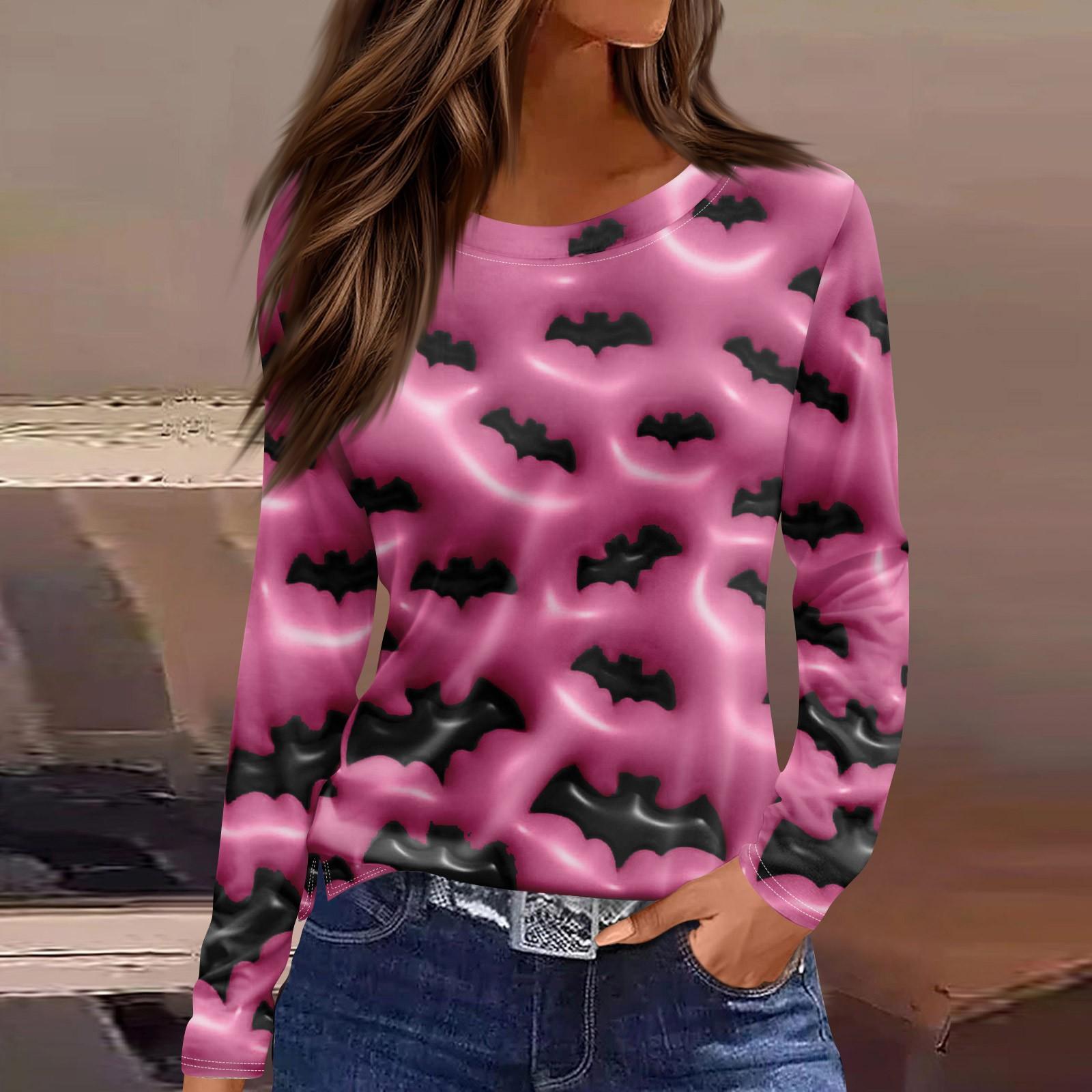 

Women s Fashion Hem Slit Casual Halloween Printed Round Neck Long Sleeve Top XL рожевий