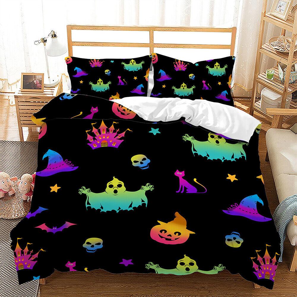 Pumpkin Lantern Halloween Ghost Witch Black Cat Doona Duvet Quilt Cover Bed Set