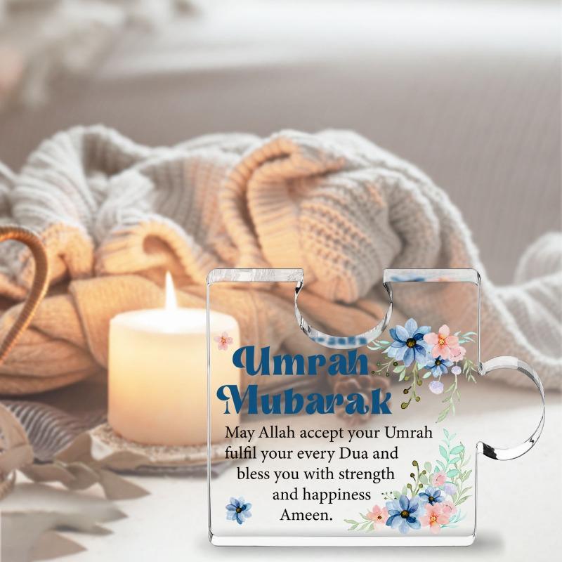 2D Flat "Umrah Mubarak" Acrylic Desk Decor Plaque, Floral Design, Suitable for Wall Decoration, Porch, Room, Villa, Accents Home, Hallway, or Workplac