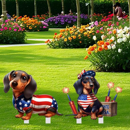 4th of July Decorative Garden Stake Patriotic Sausage Dog Yard Sign Independence Day Lawn Patio Sign for Memorial Day Outdoor Decor