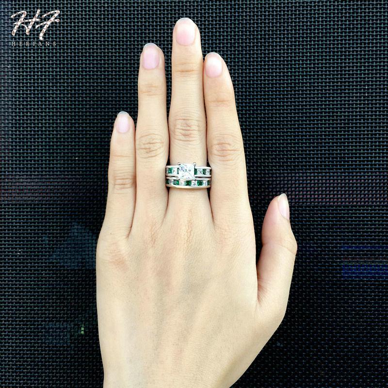 HERFANS New Luxury Fashion CopperColor 2 Pieces Ring Sets Square Green Cubic Zirconia Engagement Rings For Women R607