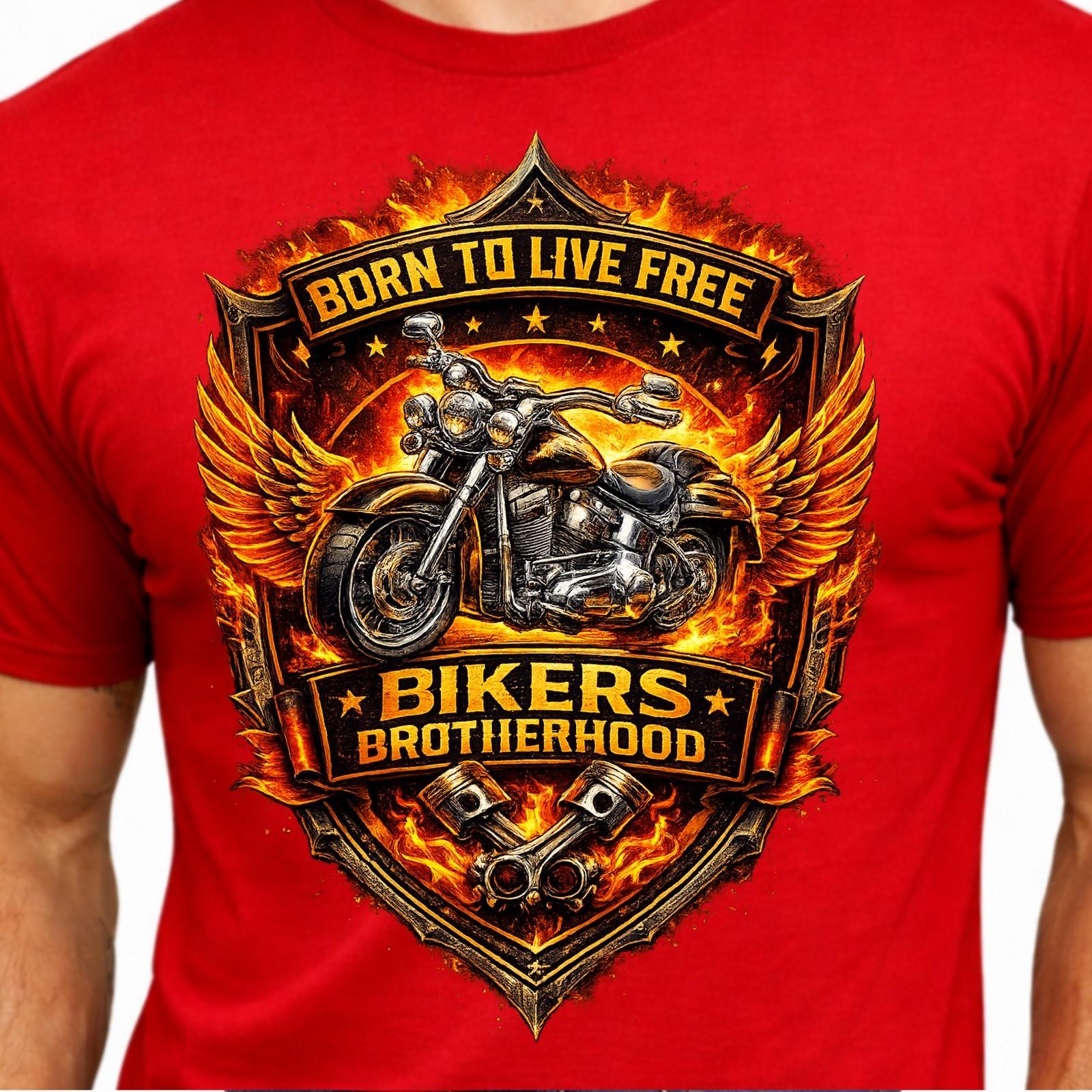 Biker Brotherhood Born To Live Free Graphic Motorcycle Wings Flame Piston Tee. L