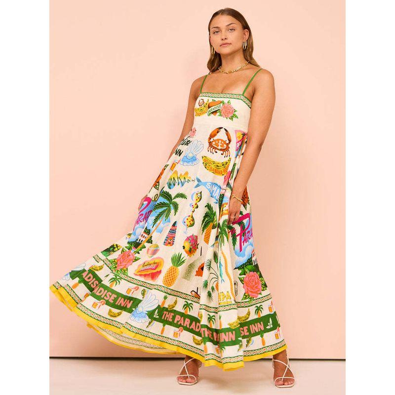 

2024 Summer New Arrival European and American Sexy Sling Temperament Printed High Waist Big Swing Dress Women Coconut Tree Pattern L