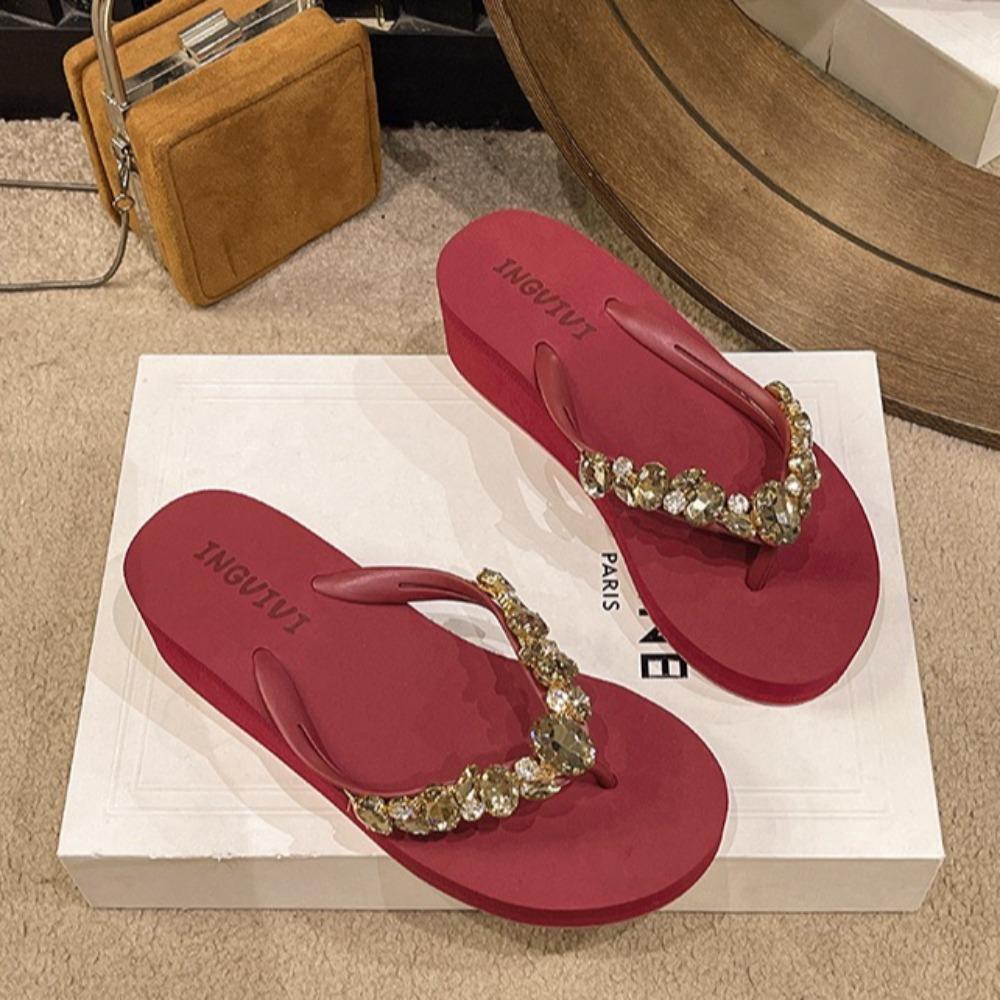 Fashion Summer New Water Diamond Flip Flops Women's Slope Heel Fashion Clip Toe Womens Shoes Casual Wear Non Slip Mid Heel Beach Sandals