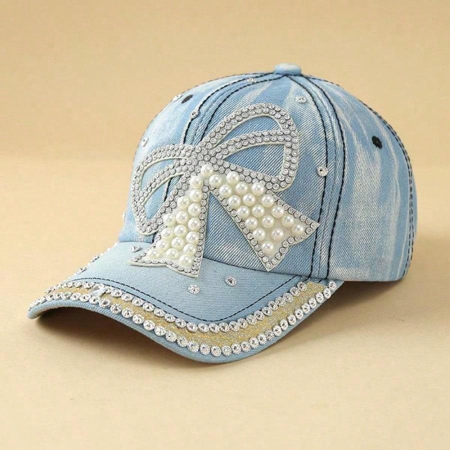 

1 PC Bow Pearl Diamond Denim Baseball Cap, Spring And Summer New Girls Cap,Sun Protection Denim Hats For Women Adjustable світло-синій колір