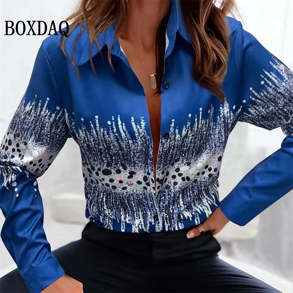 Elegant Women's Shirt Fashion Colour Blocking 3D Printing Lapel Button Down Shirts Autumn Blouses Casual Women's Long Sleeve Top