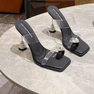 Temperament Square Toe Slippers Women's Outer Wear 2025 Summer New Rhinestone Word with Stiletto Sandals High Heels