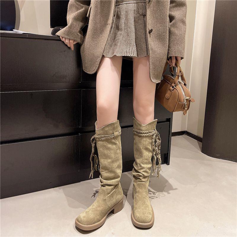 Women's Retro Post-Apocalyptic Western Tassel Boots – 2025 Autumn/Winter Long Slouchy Mid-Calf Style