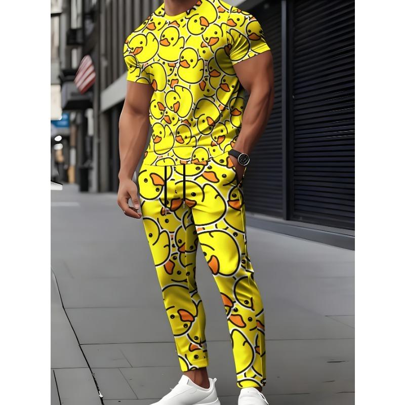 Kreatives Entenmuster Freizeit-Set für Herren Sommer Atmungsaktiv Bequem Outfit Rundhals Kurzarm Oberteil Und Kordelzug Lange Hose