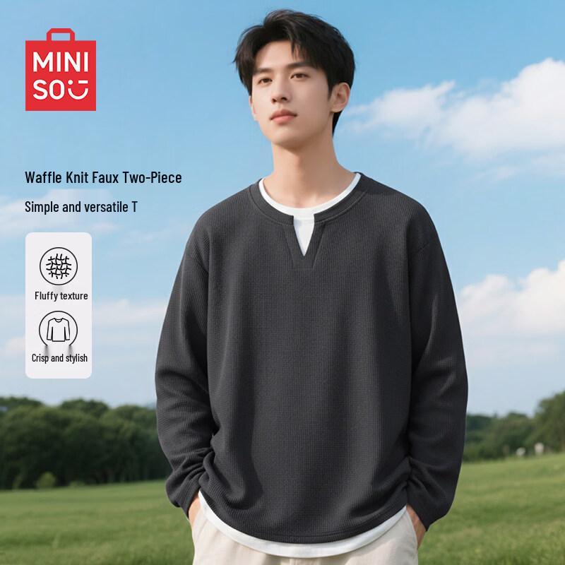 MINISO Men's Waffle Knit Long-Sleeve Faux Two-Piece T-Shirt