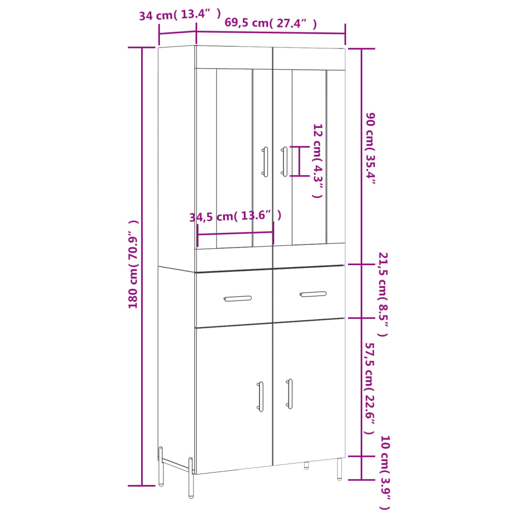 Highboard Gray Sonoma 69.5 X 34 X 180 Cm Particleboard