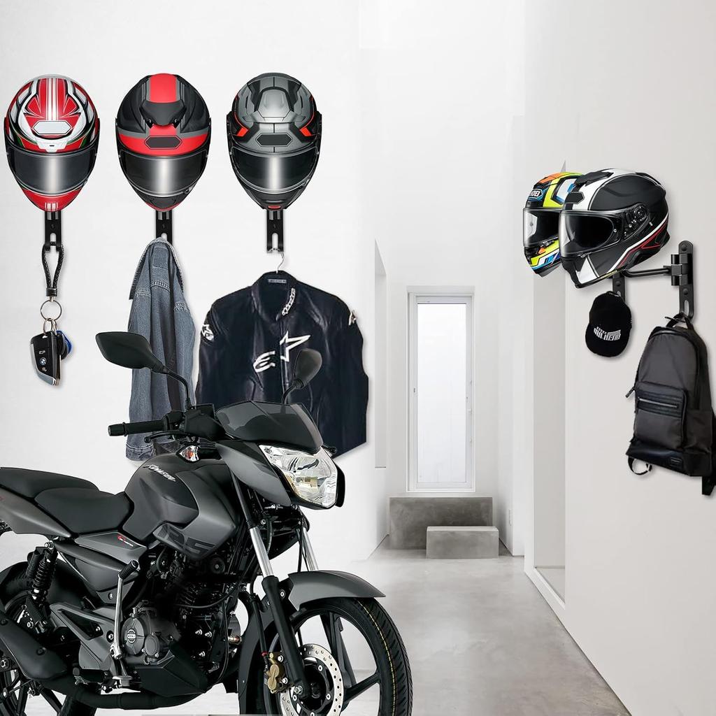 Motorcycle Helmet Holder, Helmet Rack Wall Mount 180 Degree Rotation Helmet Hanger with Double Hook for Coats, Caps, Hats, Motorcycle Accessories