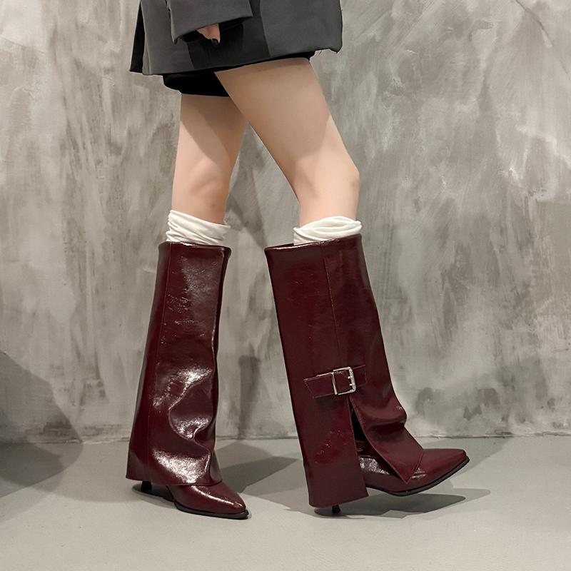 Fashion Autumn and Winter New Pointed Metal Buckle Knee High Women's Boots, Thin High-heeled Pants Boots, Fashionable Mid Leg Boots